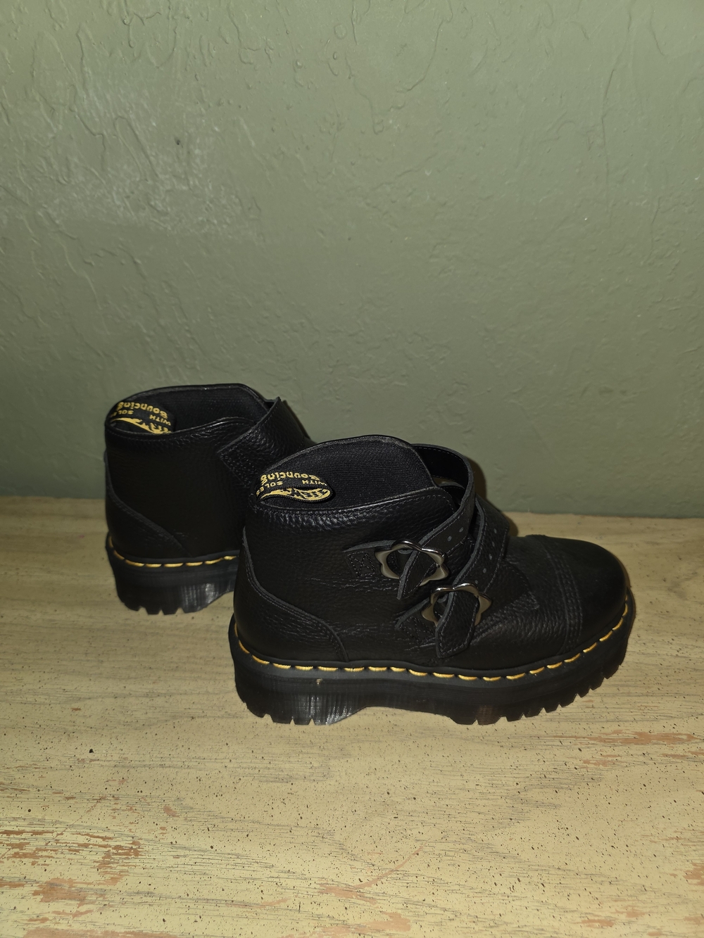 Dr. Martens Devon Flower Black Leather Ankle Boots with Yellow Stitching